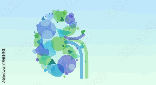 A stylized illustration of diverse shapes and colors forming a number six viewed from a straightforward perspective