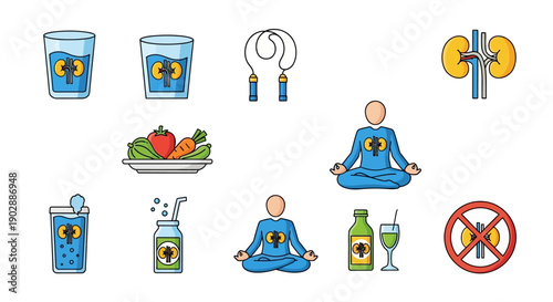 Illustration of a serene meditation scene with healthy lifestyle icons