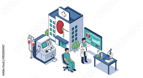 Medical professionals analyzing patient data on computer screens in a modern hospital setting with advanced medical equipment