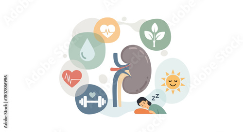 Illustration of a kidney surrounded by health and wellness icons, depicting a person's overall well-being and healthy lifestyle.