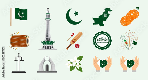 Cultural icons representing Pakistan through symbols and illustrations from various aspects of national identity