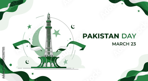 Celebration of Pakistan Day on March 23 with Monument, Flag, Stars, Crescent, Ribbon