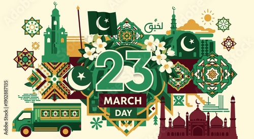 Celebrating Pakistan Day with cultural symbols, flags, and traditional motifs on March 23rd in a festive illustration