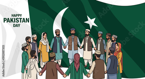 Diverse group of people holding hands in a circle in front of a large Pakistani flag, celebrating unity and cultural heritage