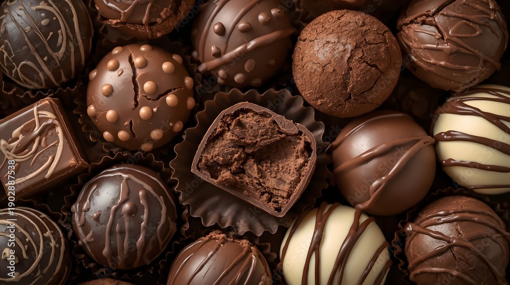 Obraz premium Closeup of assorted chocolate truffle and praline candy assortment with rich texture and glossy coating, luxury dessert background