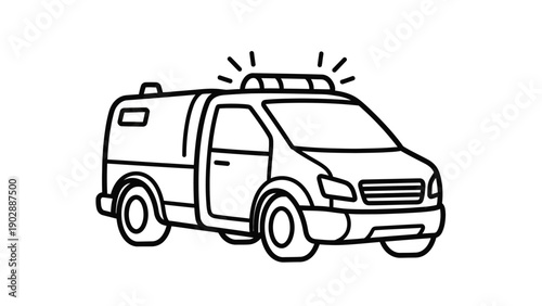 Simple Line Art Drawing of an Emergency Response Van with Flashing Lights Icon Illustration