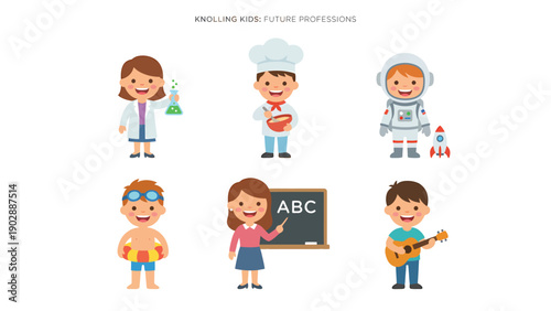 Cute flat design cartoon children depicting various future career aspirations and professions