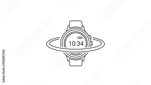 Modern smartwatch displaying current time with an abstract orbital ring representing global