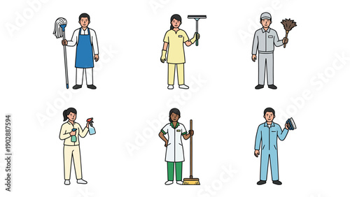 Diverse Cleaning Professionals Set Janitors Housekeepers Sanitation Staff with Supplies