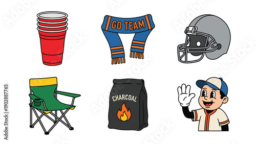 Game Day Tailgate Party and Fan Gear Essentials Cartoon Vector Set