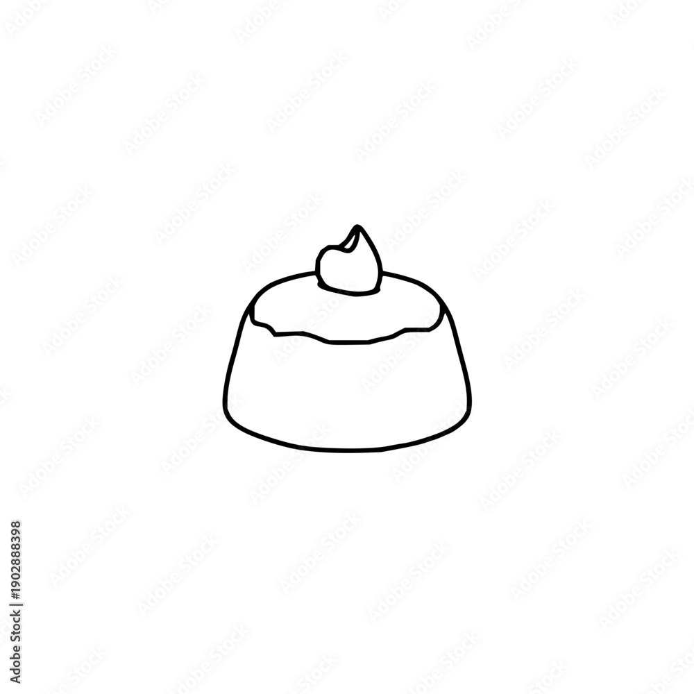 Obraz premium Delicious chocolate pudding dessert with a dollop of whipped cream, hand-drawn line art illustration, isolated on a clean white background, perfect for recipe blogs or cafe menus.