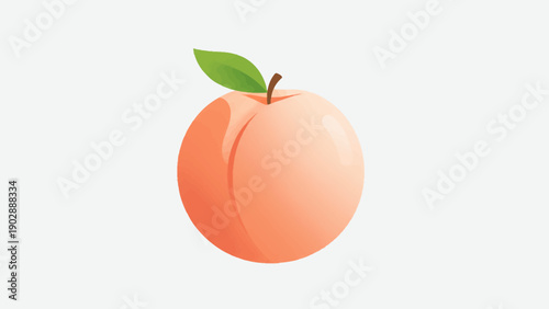 Deliciously rendered vibrant peach fruit illustration with a fresh green leaf and stem against a