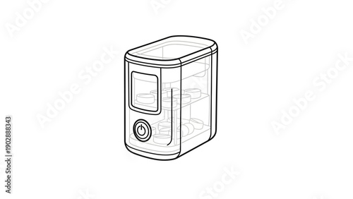Detailed line art illustration of a modern egg cooker with multiple compartments and a power