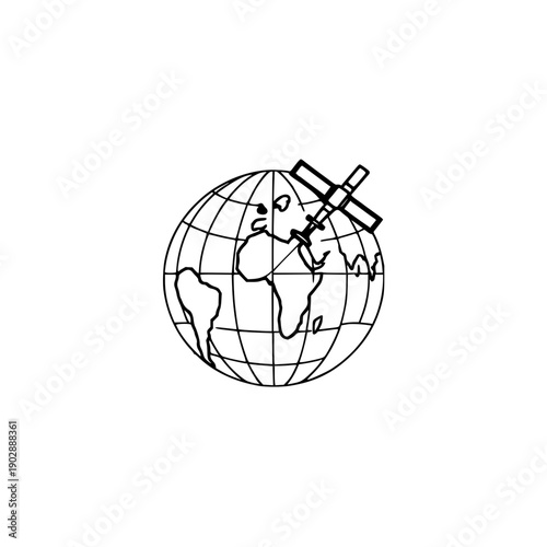Modern Global Satellite Network Icon with Strong Line Weight Representing Worldwide Connectivity and 2026 Technology on a Clean White Background