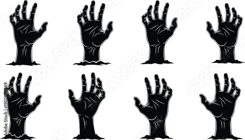 Black and White Vector Illustration Set of Eight Creepy Zombie Hands Rising from the Ground for Halloween Horror Gothic and Spooky Graphic Design Projects
