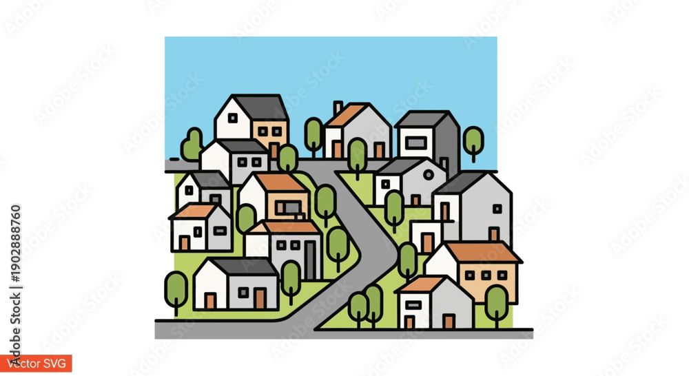 Naklejka premium Suburban Neighborhood Street with Houses and Trees