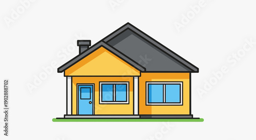 Simple Yellow House with Blue Door and Windows, Cartoon Style