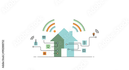 Smart Home Technology Concept: Connected House with Icons and Wi-Fi Signals