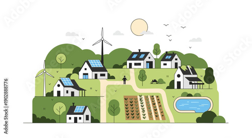 Sustainable Village with Solar Panels and Wind Turbines