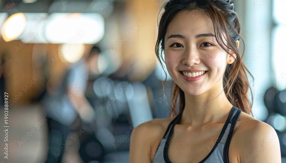 Fototapeta premium 明るい笑顔でジムに通う20代前半日本人女性｜トレーニングウェアのフィットネスポートレート