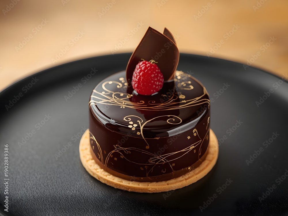 custom made wallpaper toronto digitalLuxury glossy chocolate mousse cake with gold decoration and raspberry garnish served on black plate in elegant fine dining restaurant setting
