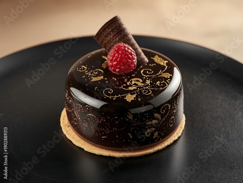 Wallpaper Mural Luxury glossy chocolate mousse cake with gold decoration and raspberry garnish served on black plate in elegant fine dining restaurant setting
 Torontodigital.ca
