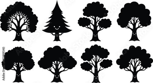 Black and White Vector Silhouette Set of Eight Different Deciduous and Coniferous Trees with Cute Cartoon Faces for Nature Environment and Creative Branding Projects