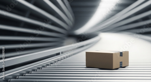 Cardboard shipping box moving on automated conveyor belt in modern warehouse