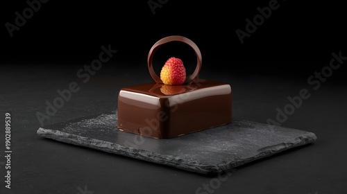 Wallpaper Mural Modern luxury chocolate mousse cake with glossy mirror glaze and raspberry topping on dark stone slab against black background studio lighting
 Torontodigital.ca