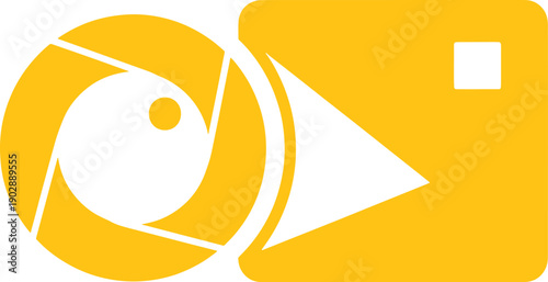 Yellow abstract swirl and rectangular shape with a small square on a white background rectangle