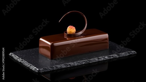 Wallpaper Mural Modern luxury chocolate mousse cake with glossy mirror glaze and raspberry topping on dark stone slab against black background studio lighting
 Torontodigital.ca