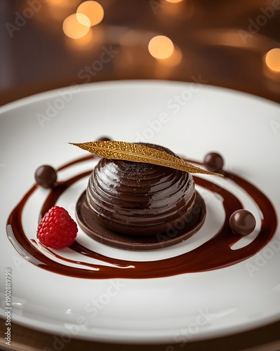 Wallpaper Mural Elegant gourmet chocolate mousse dessert with glossy sauce swirl and fresh raspberry garnish served on white fine dining restaurant plate
 Torontodigital.ca