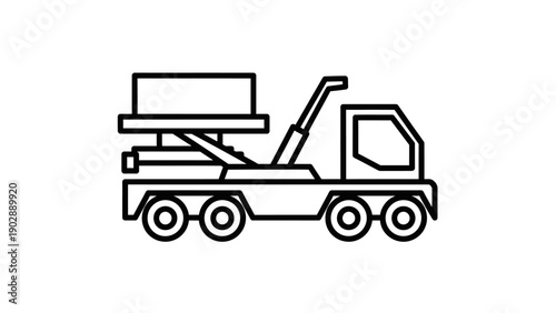 Minimalist flatbed tow truck with lifting mechanism line art icon for transport services