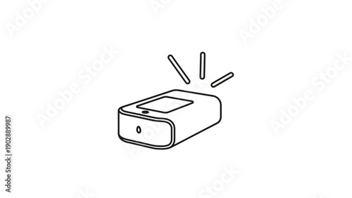 Minimalist line art illustration of a compact electronic device emitting signals or light