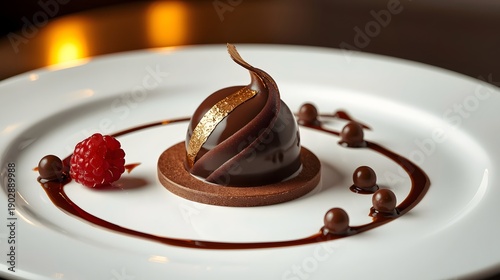 Wallpaper Mural Elegant gourmet chocolate mousse dessert with glossy sauce swirl and fresh raspberry garnish served on white fine dining restaurant plate
 Torontodigital.ca