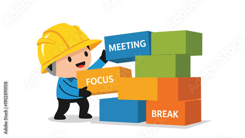 Time Management Strategy: Cartoon Character Stacking Work Blocks - Meeting, Focus, Break