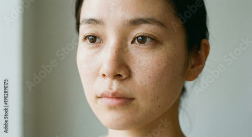 Close-up portrait of a Japanese woman with freckles and sunspots on her face, skin concerns and dermatology concept