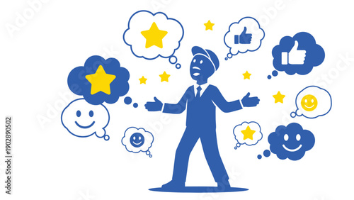 Digital Feedback & Public Opinion: Person surrounded by star ratings, thumbs-up, and emoji reactions. Social media concept.