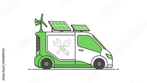 Eco-friendly service van illustration powered by solar and wind energy for sustainable maintenance