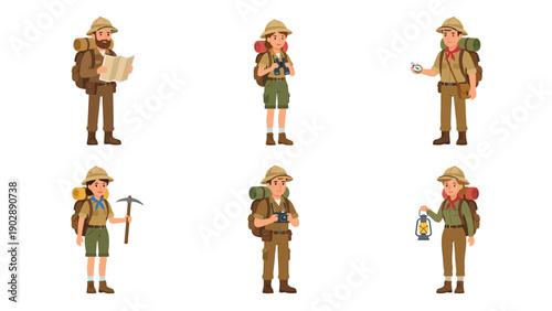 Cartoon Explorer Characters Set with Adventure Gear & Tools - Vector Illustration