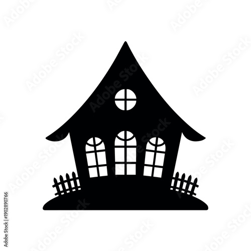 A detailed silhouette illustration of a haunted house with an arched roof, intricate windows, and a small fence in front, perfect for Halloween themes.