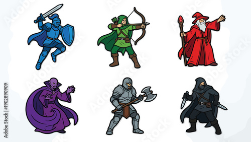 Fantasy RPG Character Classes Vector Set. Cartoon heroes: Knight, Archer, Wizard, Warrior, Rogue, Sorcerer for adventure games.