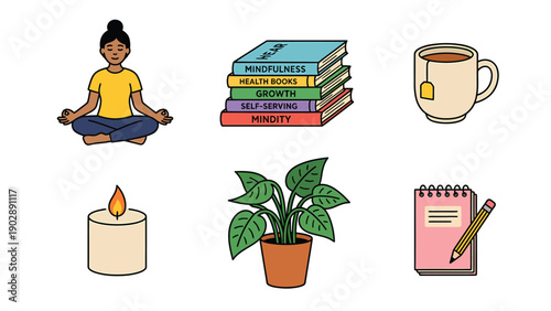 Mindfulness & Self-Care Essentials: Meditation, Books, Tea, Candle, Plant, Notebook for Personal Growth
