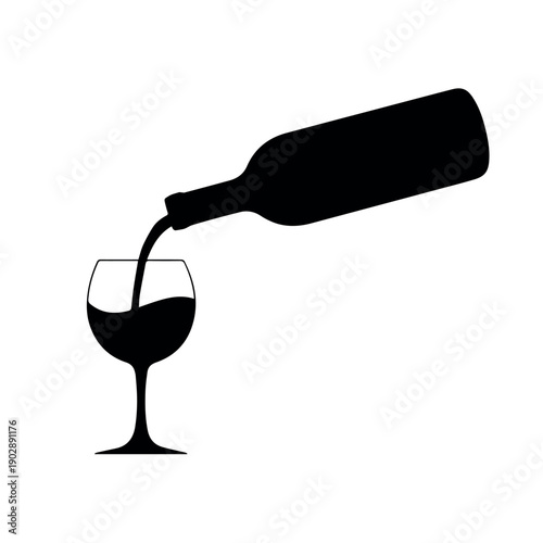 A sleek black silhouette illustration of wine pouring from a bottle into a classic stemmed wine glass, signifying celebration and relaxation.