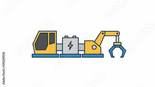 Modern industrial machinery featuring a robust robotic arm, control cabin, and power unit for