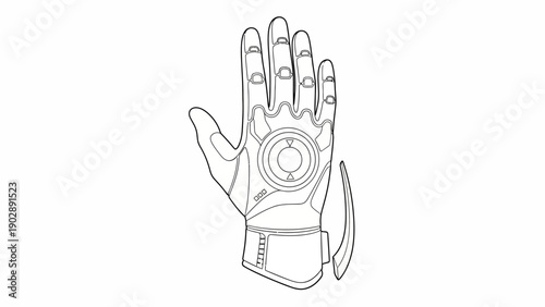 Detailed Line Art Illustration of a Futuristic Robotic or Haptic Glove Technology Concept Design