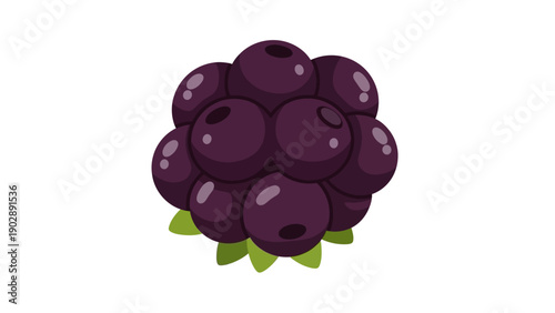 Vibrant cartoon style illustration of a fresh dark purple blackberry with green leaves at its base