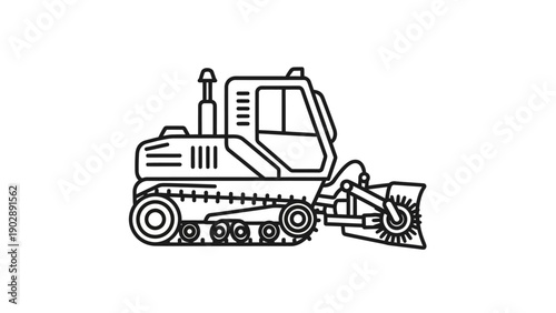 Line art illustration of a heavy-duty tracked snow removal vehicle or street sweeper icon isolated