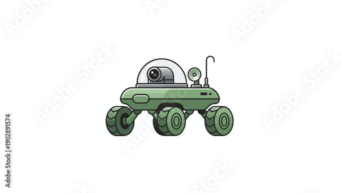 Green cartoon space rover with camera and antenna for planetary exploration missions