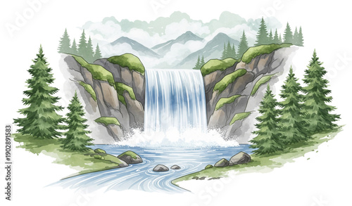Mountain waterfall scenery watercolor vector cascading water isolated on transparent background